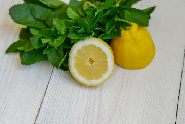 Fresh juicy mint leaves and lemon