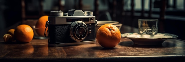 Fresh and juicy oranges on the table with camera Feeling of freshness and juiciness Generative AI