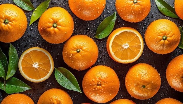 Fresh and juicy oranges with leaves water droplets Tasty and sweet citrus fruits
