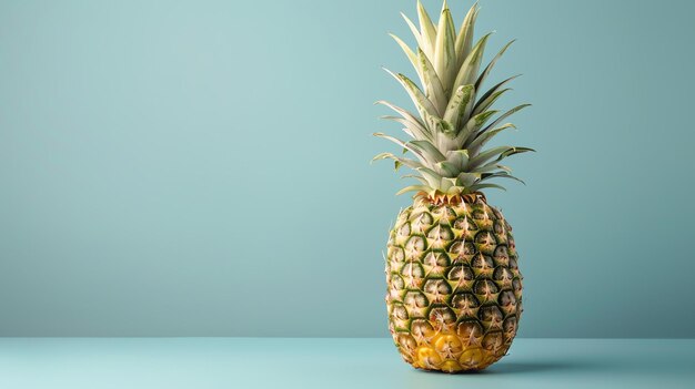 Photo a fresh and juicy pineapple isolated on a blue background the pineapple has a vibrant yellow color and green leaves it is placed on a blue table