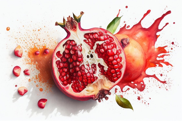 Fresh juicy pomegranate on white background Watercolor AI generative illustration