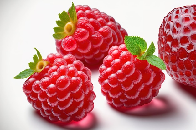 Fresh juicy raspberries in a set against a white background