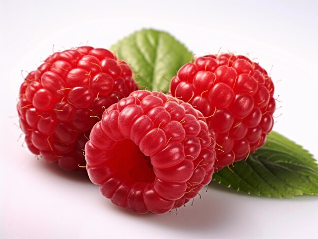 Fresh and Juicy Raspberries with Leaves on a Clean White Background Generative AI