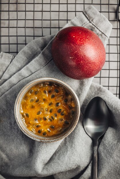 Fresh and juicy raw passion fruit on a table