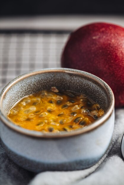 Fresh and juicy raw passion fruit on a table