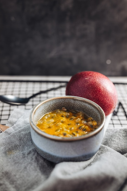 Fresh and juicy raw passion fruit on a table