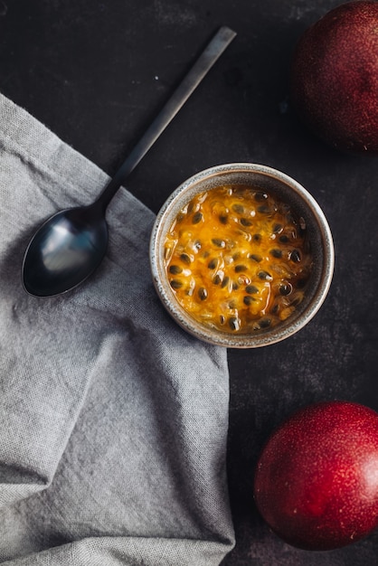 Fresh and juicy raw passion fruit on a table