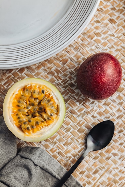 Fresh and juicy raw passion fruit on a table