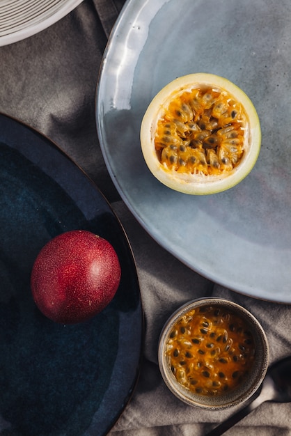 Fresh and juicy raw passion fruit on a table