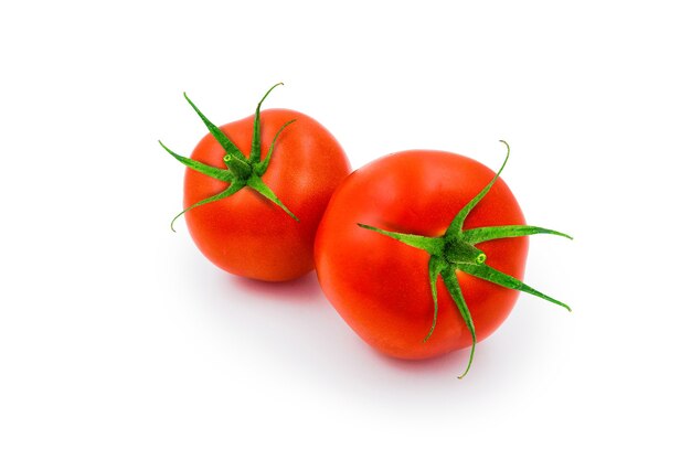 Fresh juicy red tomato on white backdrop