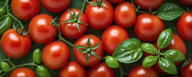 Fresh and juicy red wet tomatoes with vibrant green leaves on a clean and crisp dark backgroundBanner design