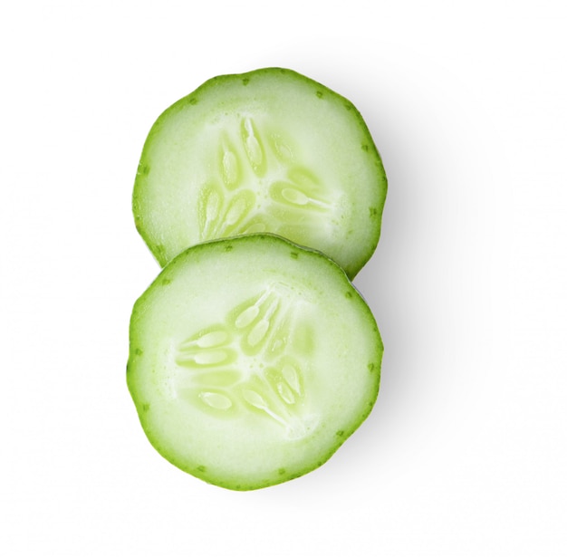 Fresh juicy slice cucumber on white background