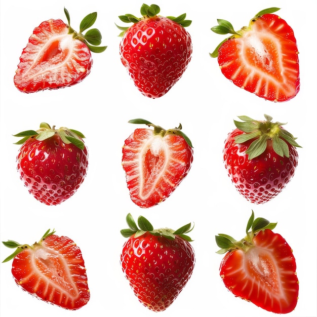 Fresh and juicy strawberries perfectly sliced and arranged isolated on white background