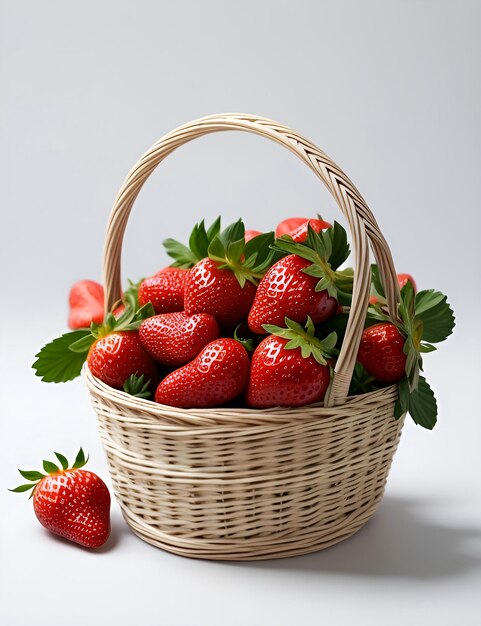 Fresh juicy strawberries with leaves in a wooden basket on white background