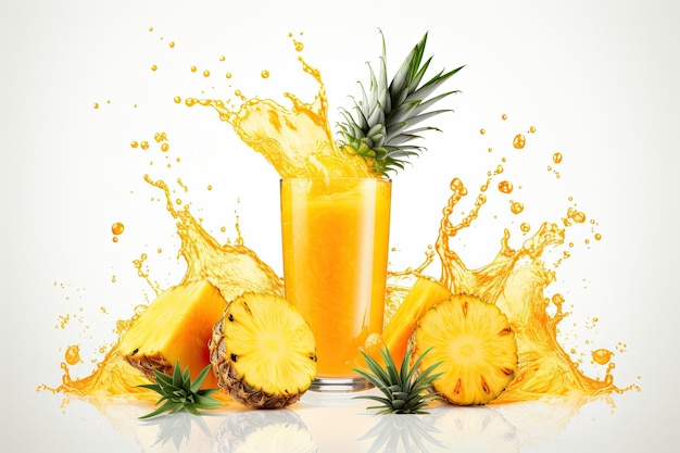 Fresh juicy tropical fruit pineapple and smoothie glass with splash flying