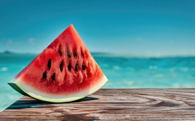 Fresh juicy watermelon on desk and background of beach with sea and blue sky