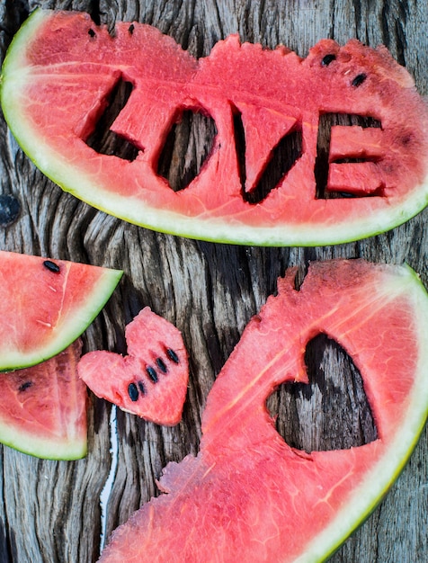 Fresh juicy watermelon slice closeup with love letters word