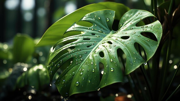 물방울이 어두운 배경을 가진 신선한 정글 녹색 잎