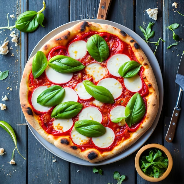 fresh just made italian pizza on a wooden background