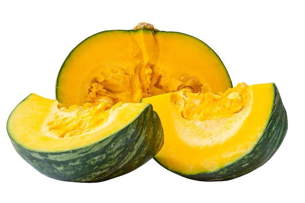 Fresh kabocha or green japanese pumpkin half with slices is isolated on white background with clipping path