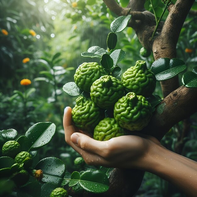 fresh kaffir lime ready to be harvested in a garden