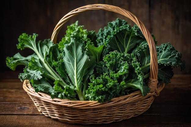 Fresh kale bunch in a rustic wicker basket