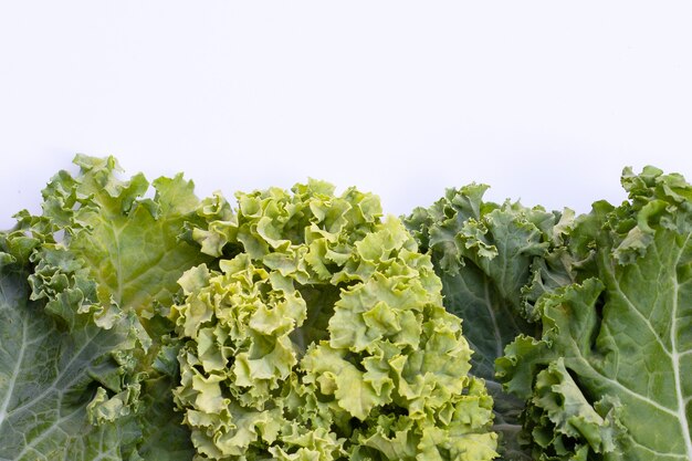 Verdura fresca dell'insalata delle foglie del cavolo su bianco