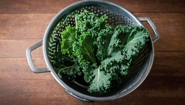 Fresh kale on a strainer food photography