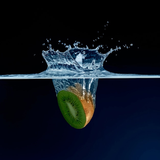 Fresh kiwi slice falling into water
