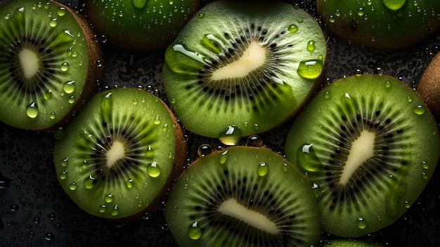 Fresh kiwi with water splashes and drops on black background