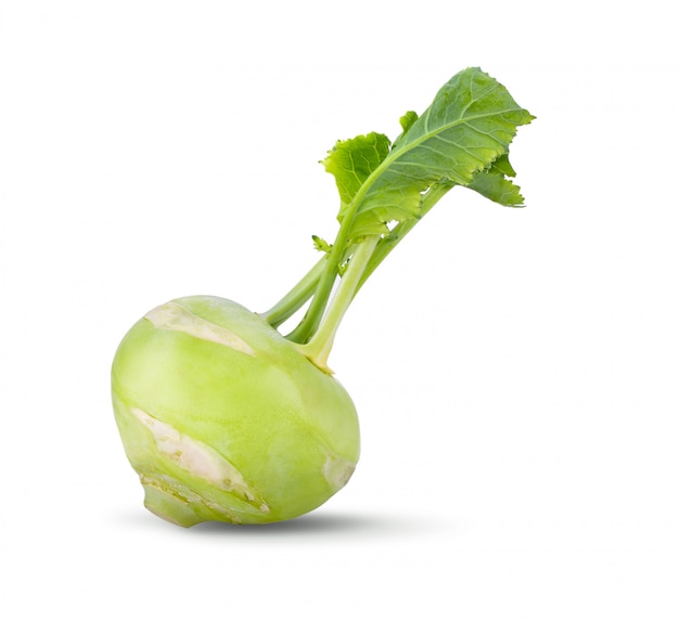 Fresh kohlrabi with green leaves isolated