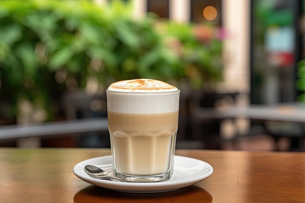 Fresh Latte Espuma in Outdoor Cafe Cappuccino in Coffeeshop City Street View Milk Coffee