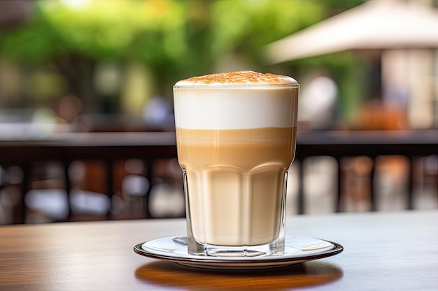 Photo fresh latte espuma in outdoor cafe cappuccino in coffeeshop city street view milk coffee