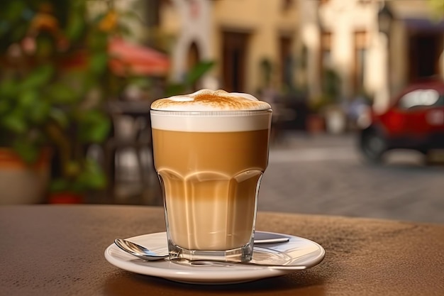 야외 카페에서 신선한 라테 에스푸마 커피에서 카푸치노 시티 스트리트 뷰 우유 커피