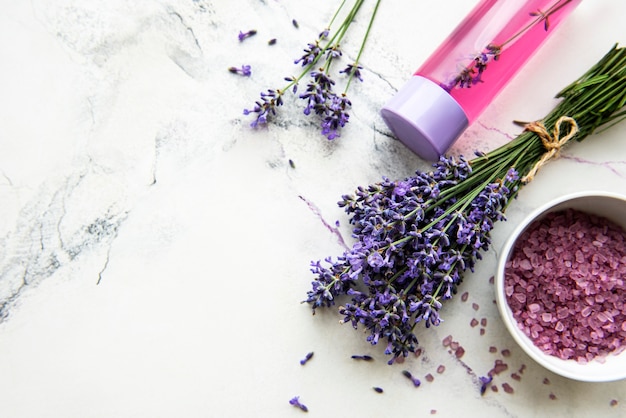 Fresh lavender flowers and essential oil