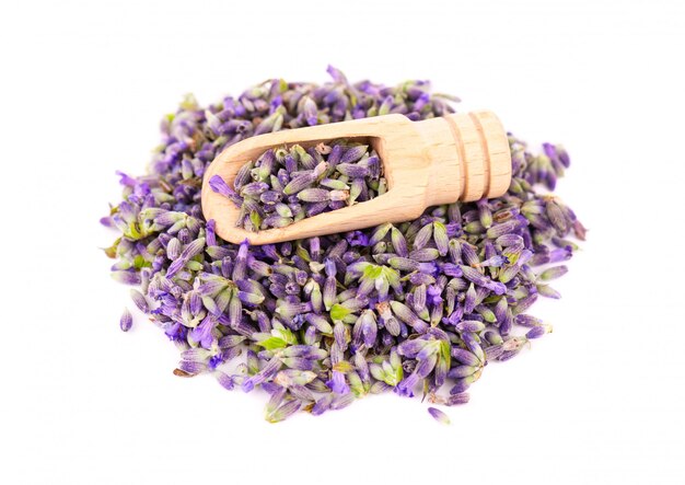 Fresh lavender flowers with a wooden spoon