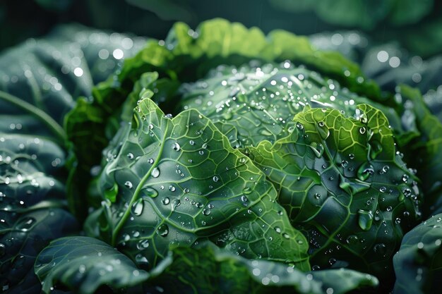 写真 新鮮な葉の野菜と水滴は健康的な食事のコンセプトに最適です