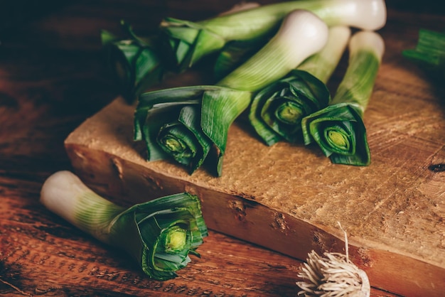 Fresh leek on cutting board