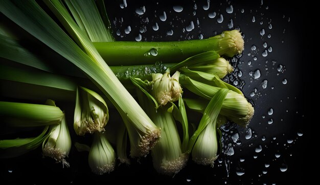 Fresh leeks with water splashes and drops on black background