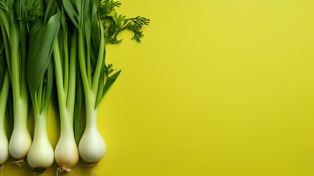 fresh leeks on a yellow background