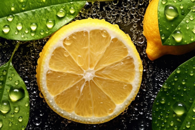 Fresh Lemon in the background decorated with sparkling water droplets