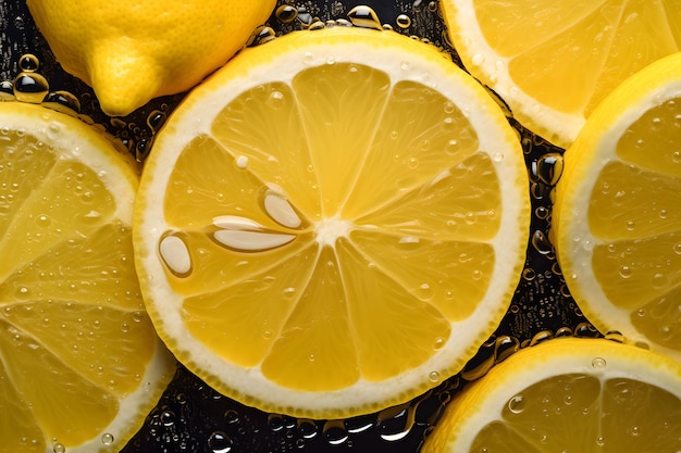 Fresh lemon fruits seamless background visible drops of water overhead angle