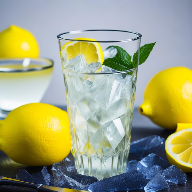 Fresh lemon Juice in Crystal Clear Glasses soft dark background