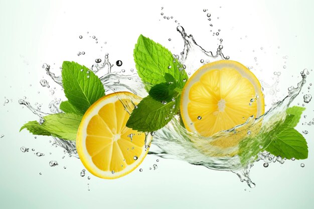 Fresh lemon and mint falling into water with splash isolated on white background