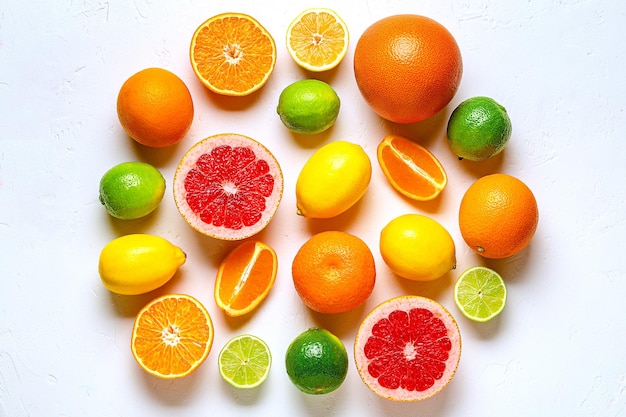 Fresh lemon orange grapefruit lime on light background top view Citrus Juice Concept Vitamin C Fruits