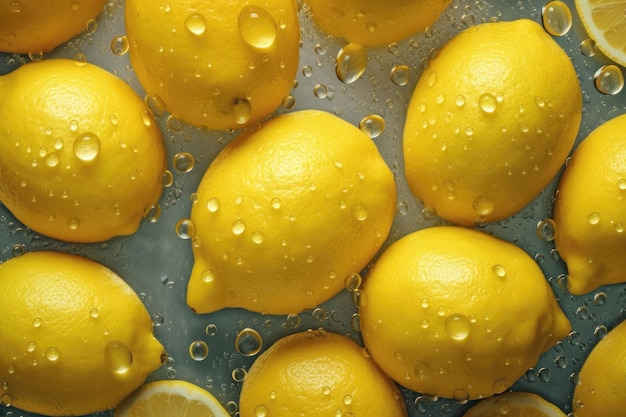 Fresh lemon seamless background adorned with glistening droplets of water AI generated