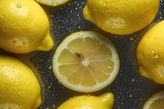 Fresh lemon seamless background adorned with glistening droplets of water AI generated