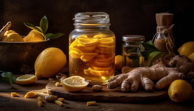 La fetta di limone fresca aggiunge scorza al pasto sano generato dall'ia