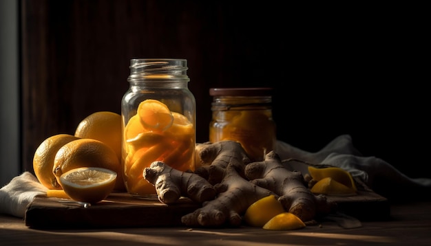 Fresh lemon slice on rustic wooden table generated by AI