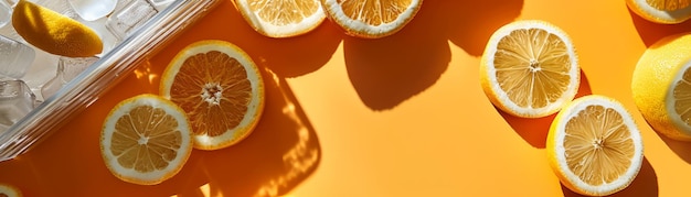 Foto fette di limone fresco su uno sfondo arancione brillante con vassoio di ghiaccio agrumi vivaci e rinfresco estivo